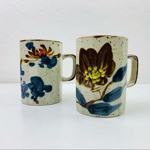 VTG Speckled Studio Pottery Floral Mug set